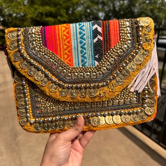 Bohemian Envelope Wristlets Banjara Clutch Multi Color With tassels - Picture 3 of 6